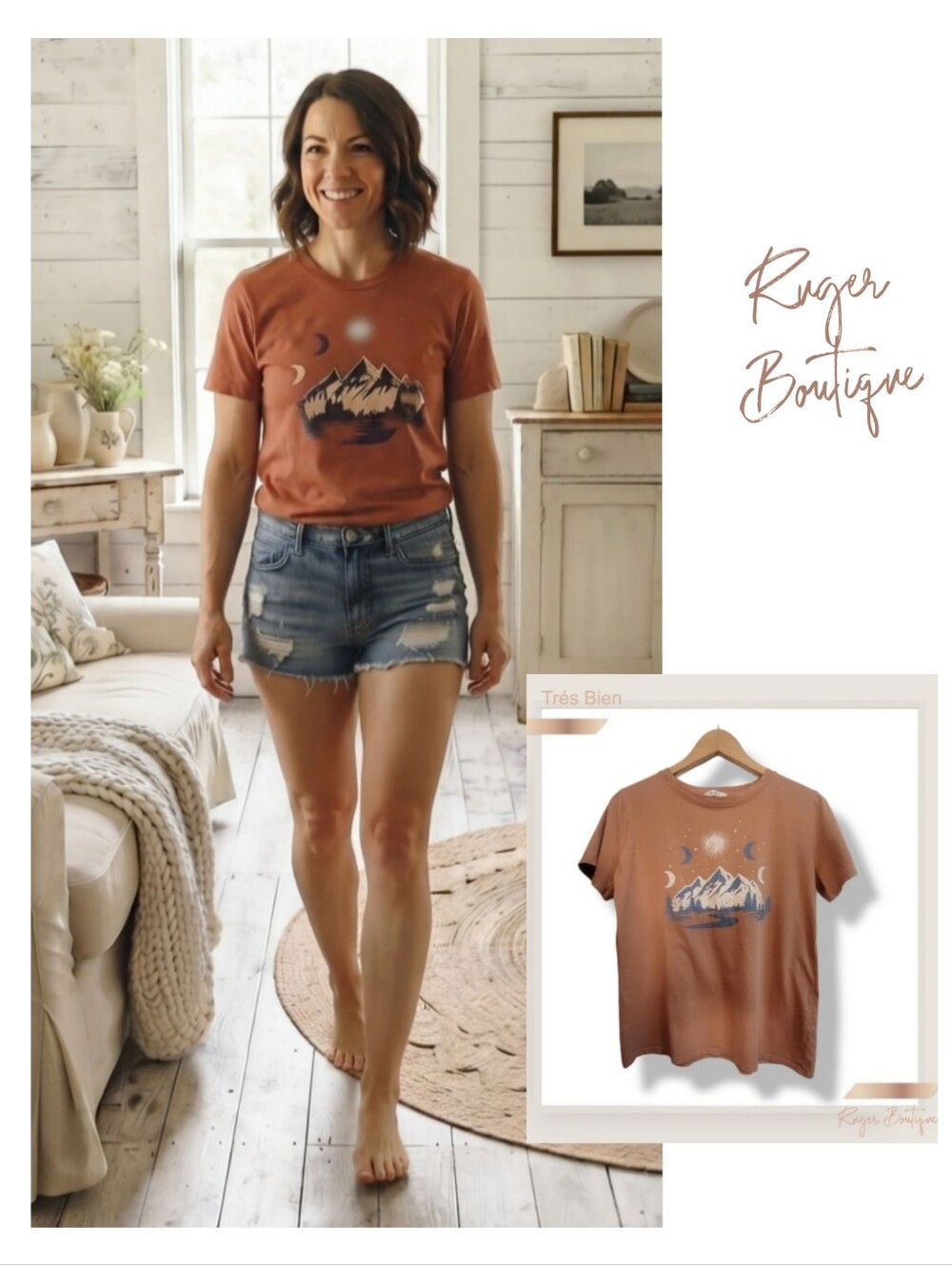 🌿Trés Bien Boho Graphic Tee Women’s Large Tan Mountain Sun Moon Print